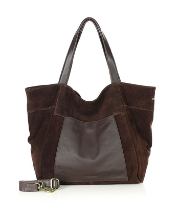 Duża torba zamszowa shopper skórzany z kieszenią - MARCO MAZZINI ciemny brąz