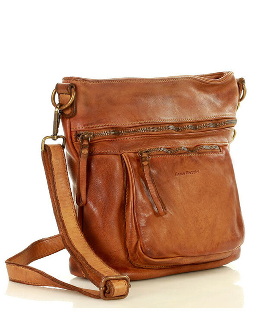 Torebka skórzana funkcjonalna listonoszka z kieszeniami old pelle classica lavata - MARCO MAZZINI camel