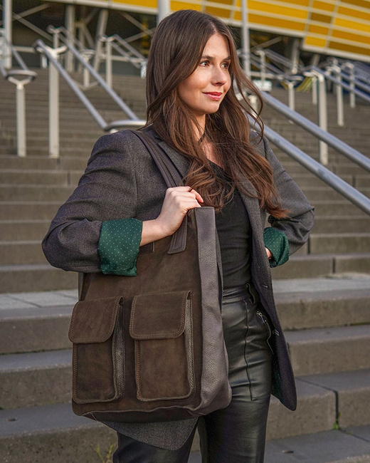 Torebka zamszowa shopper bag z kieszeniami skóra naturalna - MARCO MAZZINI ciemny brąz