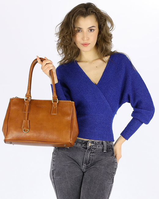 Torebka skórzana dwukomorowa kuferek premium - MARCO MAZZINI camelowy