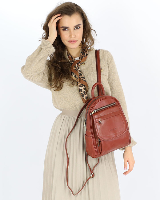 Plecak skórzany damski perfekcyjna organizacja - MARCO MAZZINI brąz whisky