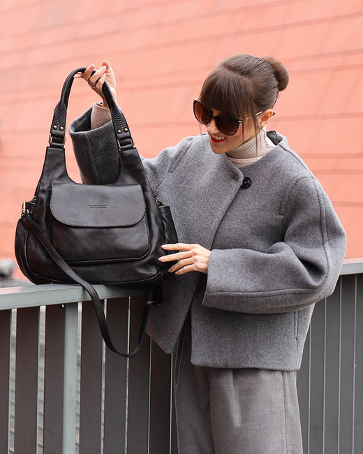 Włoska torebka skórzana z kieszenią z przodu retro bag handmade - MARCO MAZZINI czarny