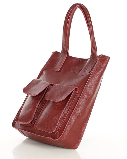Torebka skórzany shopper bag z kieszeniami - MARCO MAZZINI ciemny czerwony