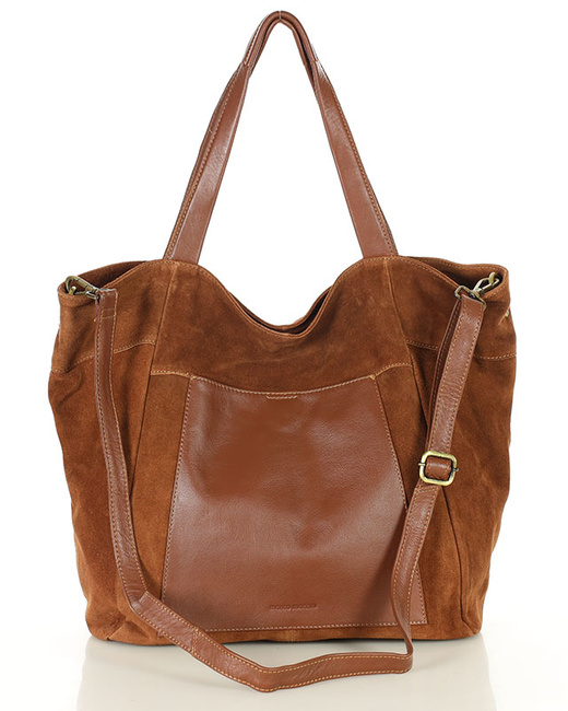 Duża torba zamszowa shopper skórzany z kieszenią - MARCO MAZZINI brązowy