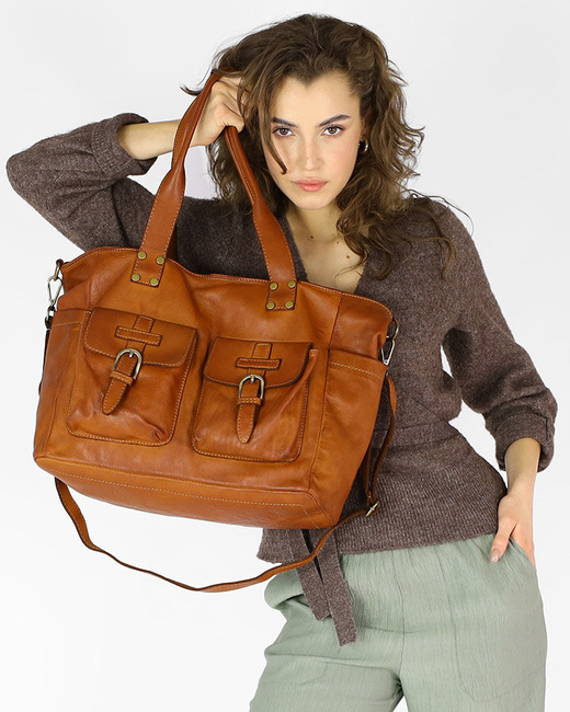 Torba skórzana shopper XL na ramię z dwoma kieszeniami MARCO MAZZINI brąz camel
