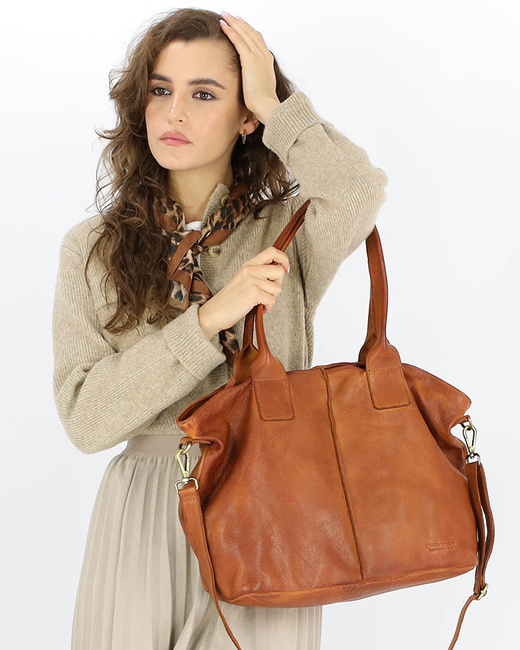 Torebka skórzana na ramię shopper na długich rączkach - MARCO MAZZINI brąz camel