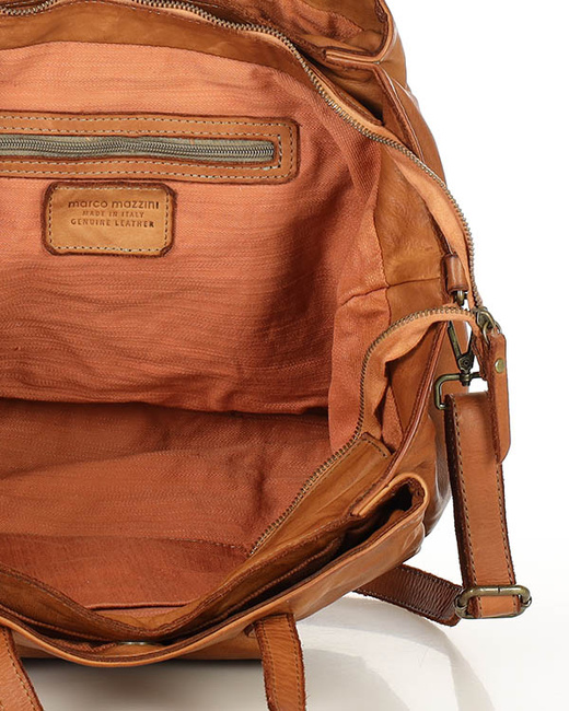 Torebka damska trzykomorowa shopperka skórzana - MARCO MAZZINI brąz camel