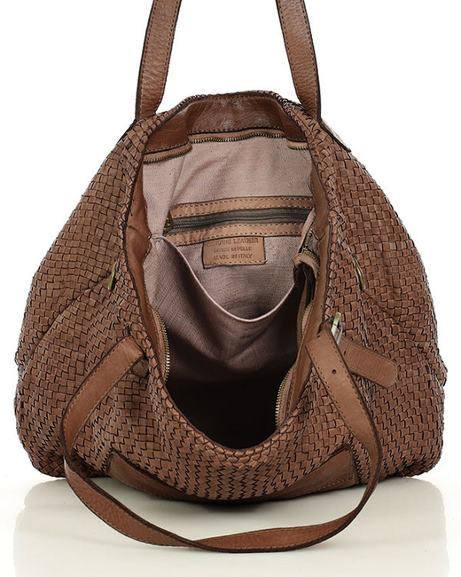 Duża torebka pleciona na ramię shopperka skórzana - MARCO MAZZINI brąz