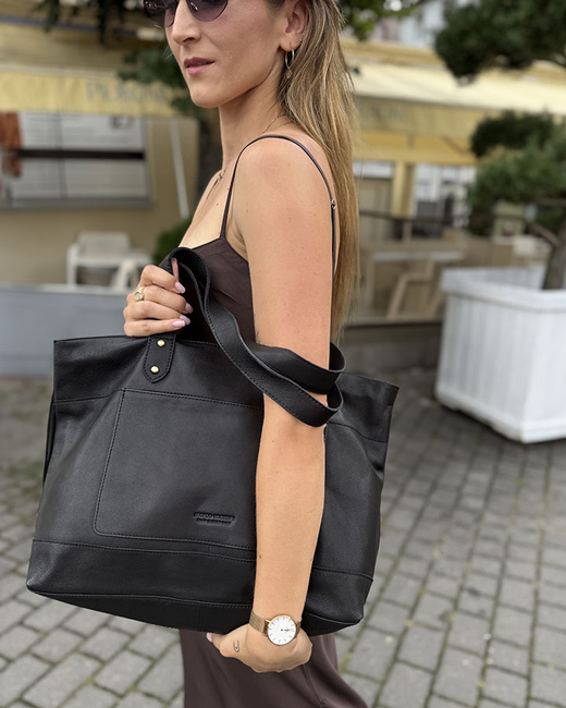 Torebka skórzana shopper damski z przegródkami - MARCO MAZZINI czarna