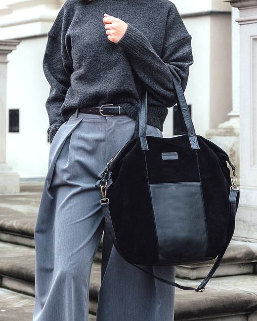 Torba skórzana zamszowa shopper z kieszeniami - It bag MARCO MAZZINI czarna