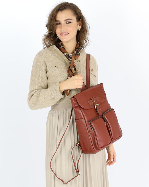 Damski plecak miejski skórzany A4 retro style - MARCO MAZZINI brąz whisky