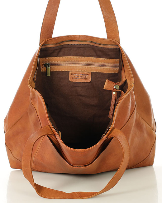 Torebka skórzana shopper damski z przegródkami - MARCO MAZZINI camelowy brąz