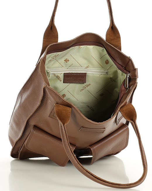 Torebka skórzany shopper bag z kieszeniami - MARCO MAZZINI czekoladowy brąz