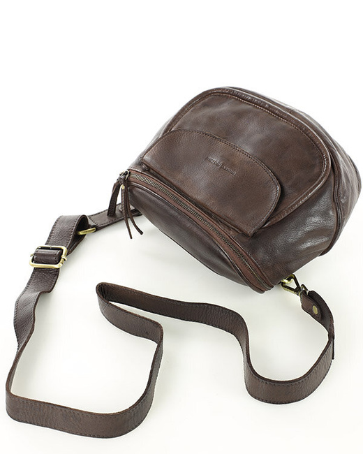 Torebka na szerokim pasku półokrągła skórzana listonoszka - MARCO MAZZINI ciemny brąz