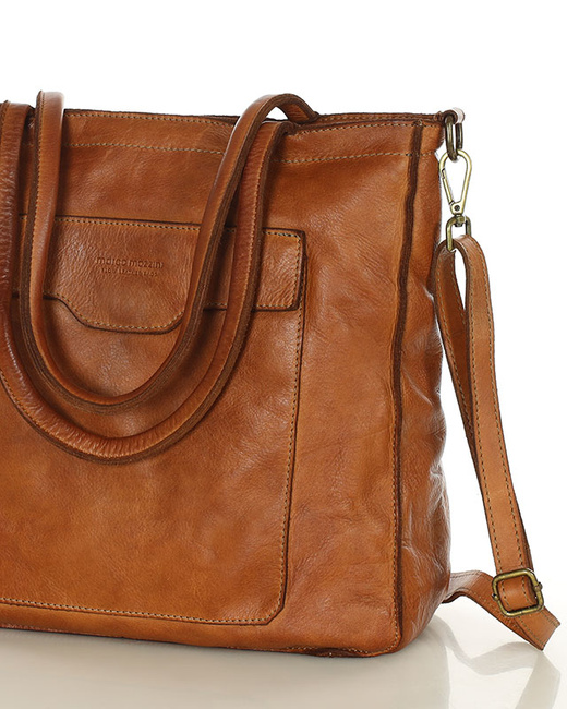 Torba shopper brązowa camel z kieszeniami skóra naturalna – MARCO MAZZINI