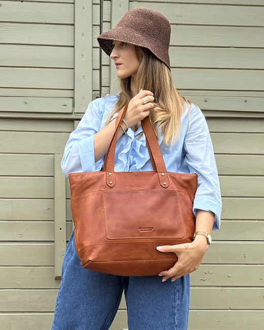 Torebka skórzana shopper damski z przegródkami - MARCO MAZZINI camelowy brąz