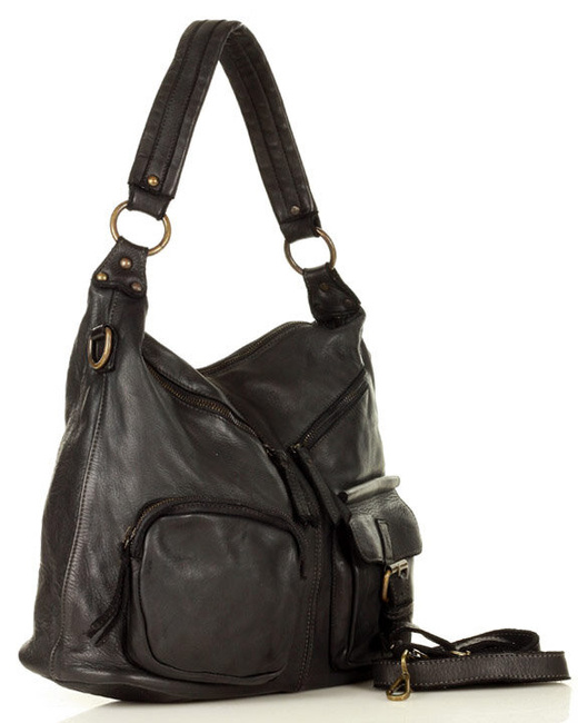 Torebka skórzana na ramię pockets old pelle lavata - MARCO MAZZINI czarna