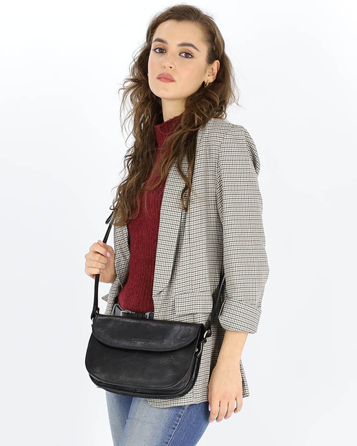 Czarna skórzana torebka saddle bag półksiężyc sztywna skóra - MARCO MAZZINI