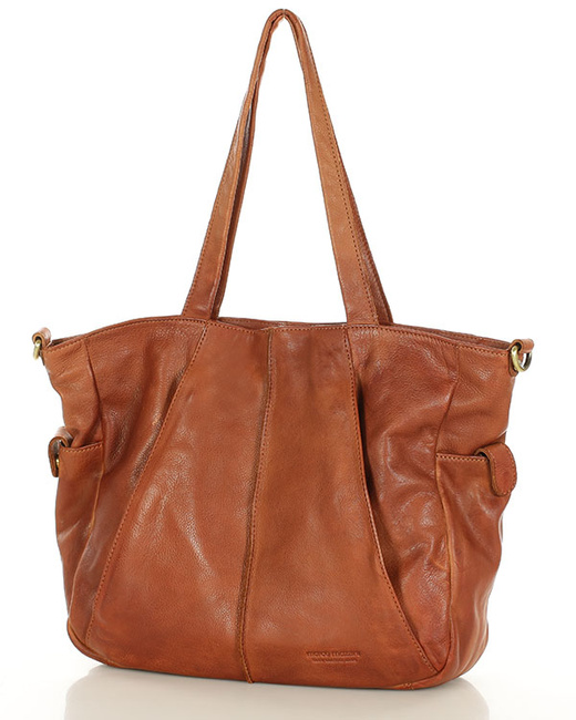 Miękka torebka skórzana shopperka na ramię - MARCO MAZZINI - brąz camel