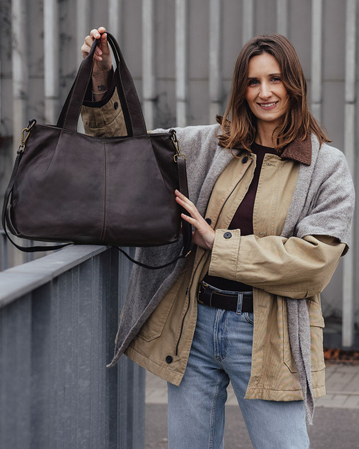 Torebka kuferek skórzana na ramię z miękkiej skóry MARCO MAZZZINI ciemny brąz