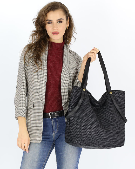 Duża torebka pleciona shopperka ze skóry - MARCO MAZZINI czarna