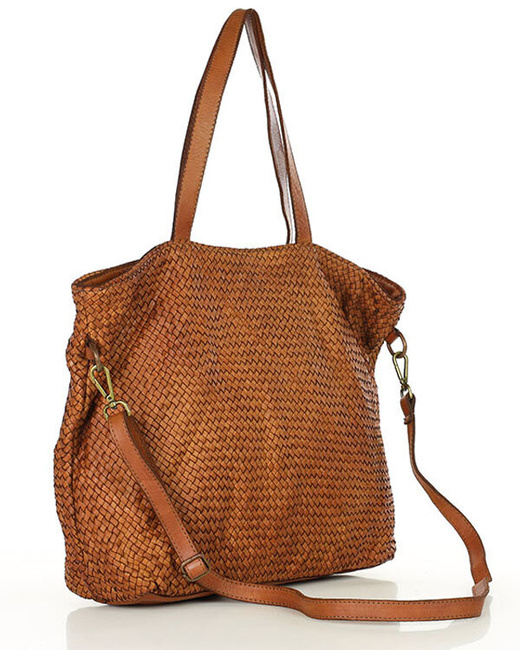 Oryginalna torebka pleciona damska skórzany shopper bag - MARCO MAZZINI brąz camel