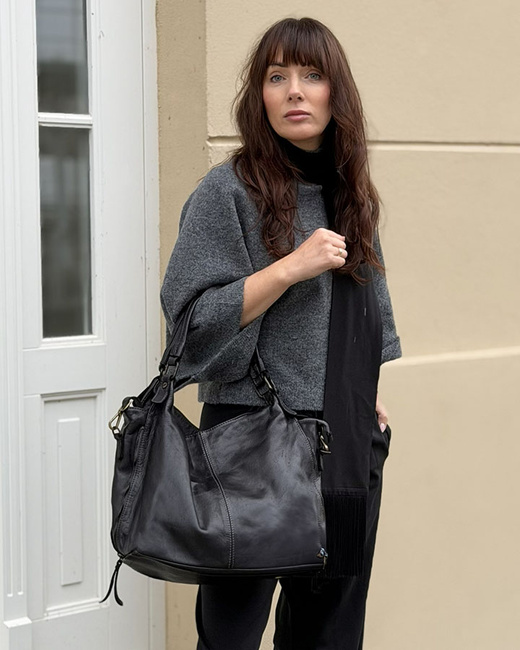 Torba skórzana wysokogatunkowa na ramię styl miejski shoulder leather bag - MARCO MAZZINI czarna