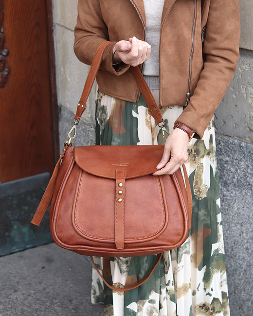 Saddle bag skórzana torebka damska na ramię - MARCO MAZZINI brąz kamelowy