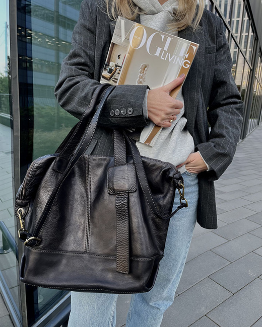 Duża torba shopper czarna A4 z miękkiej włoskiej skóry Marco Mazzini