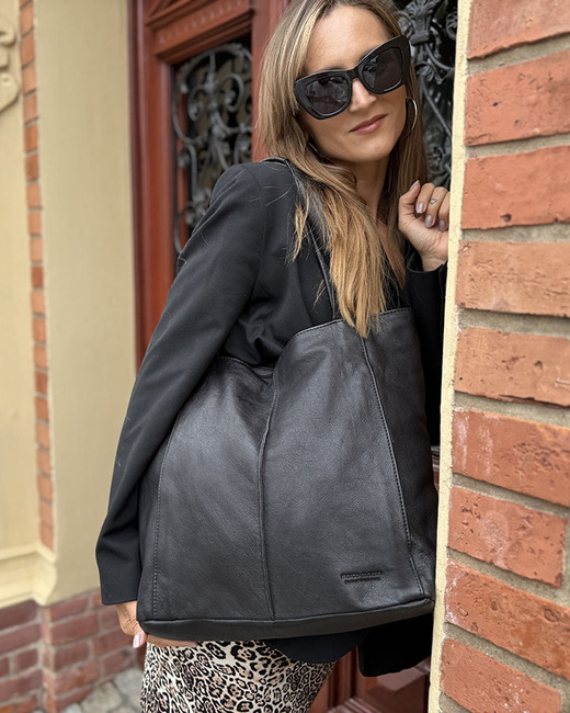 Miękka torba typu shopper skórzana na ramię - MARCO MAZZINI - czarny