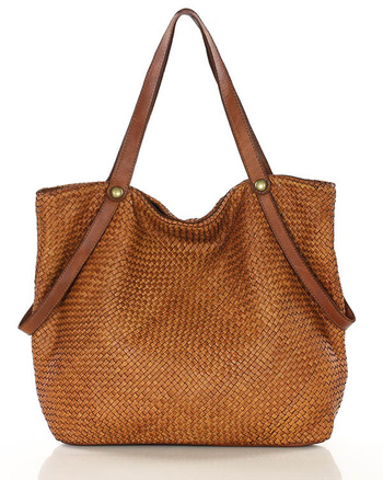 Duża torebka pleciona shopperka ze skóry - MARCO MAZZINI camelowa