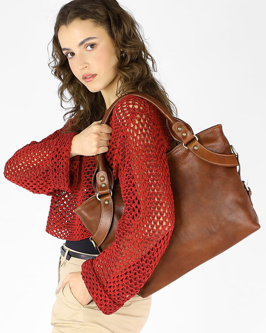 Torebka biznesowa damska kuferek skórzany premium bag - MARCO MAZZINI brązowy