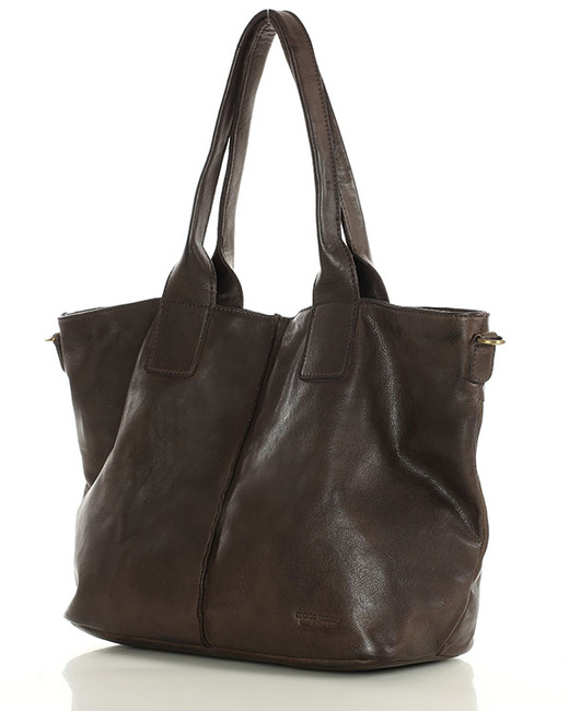 Torebka skórzana na ramię shopper na długich rączkach - MARCO MAZZINI ciemny brąz