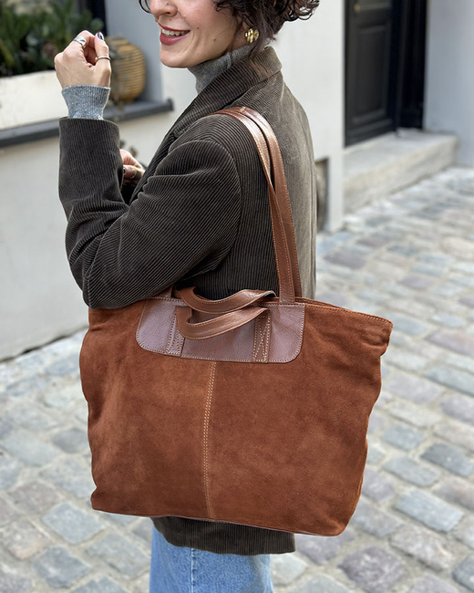 Duża torba zamszowa skórzana podwójne rączki - MARCO MAZZINI brązowa