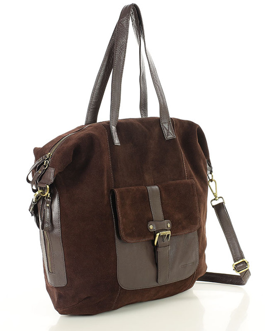 Duża ciemnobrązowa shopperka zamszowa skórzana z kieszenią – MARCO MAZZINI