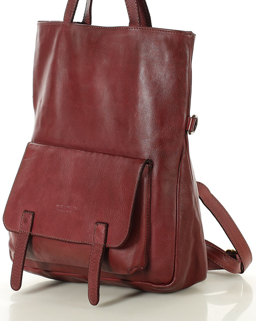 Skórzana torebka plecak z kieszenią z przodu - MARCO MAZZINI bordowa czerwona