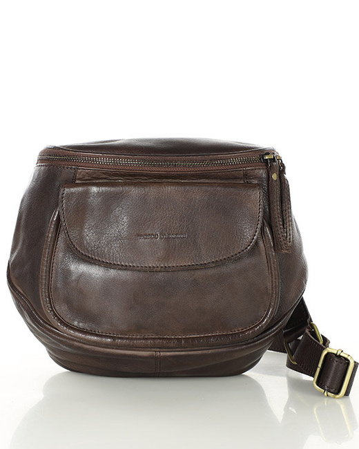 Torebka na szerokim pasku półokrągła skórzana listonoszka - MARCO MAZZINI ciemny brąz