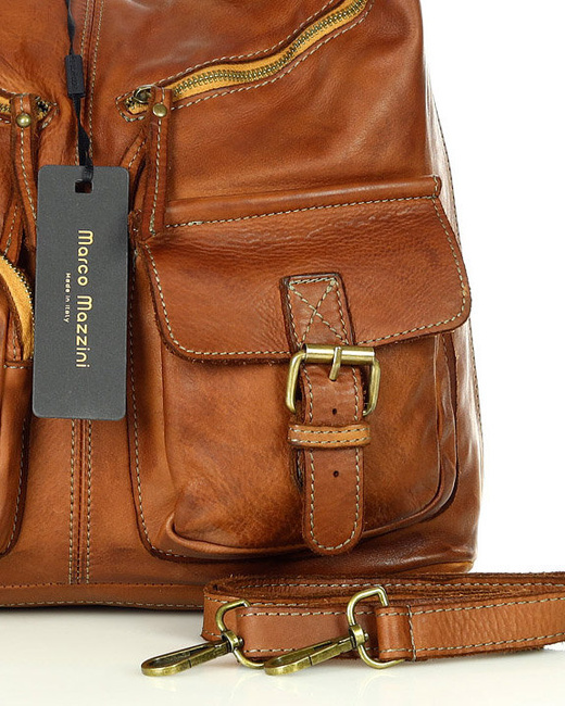 Torebka skórzana na ramię pockets old pelle lavata - MARCO MAZZINI brąz camel