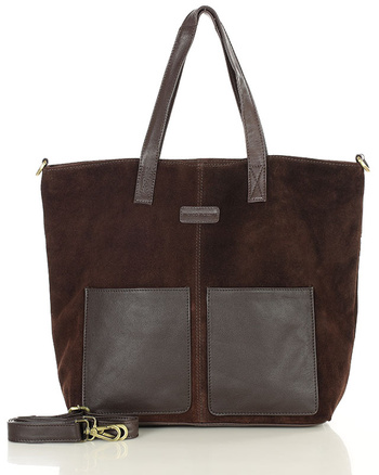 Torebka damska shopper duża zamszowa z kieszonkami – MARCO MAZZINI ciemnobrązowa