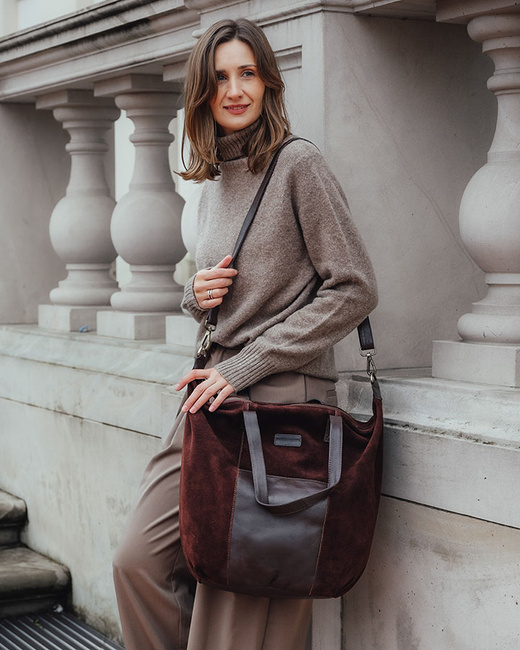 Torba skórzana zamszowa shopper z kieszeniami - It bag MARCO MAZZINI ciemny brąz