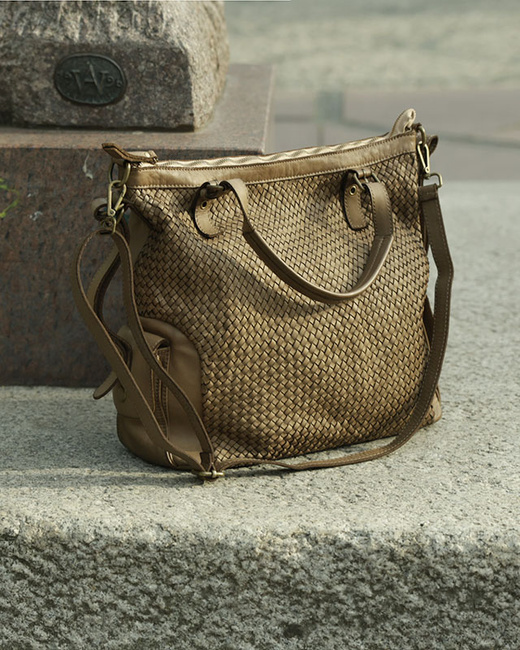 Miejska torebka regulowane raczki shopper pleciona skóra handmade MARCO MAZZINI beż
