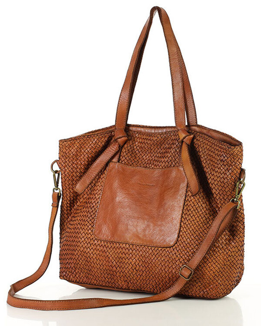 Oryginalna torebka pleciona damska skórzany shopper bag - MARCO MAZZINI brąz camel