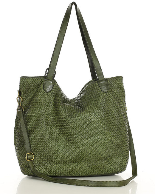 Duża torebka pleciona na ramię shopperka skórzana - MARCO MAZZINI zielona