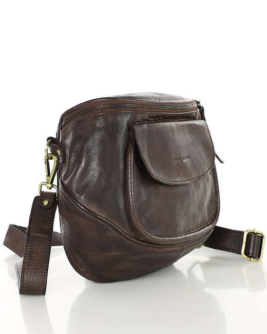 Torebka na szerokim pasku półokrągła skórzana listonoszka - MARCO MAZZINI ciemny brąz