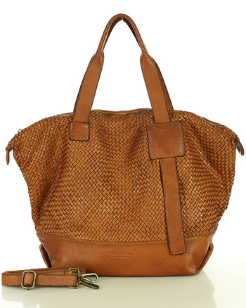 Camelowa torebka pleciona shopper A4 z miękkiej włoskiej skóry Marco Mazzini