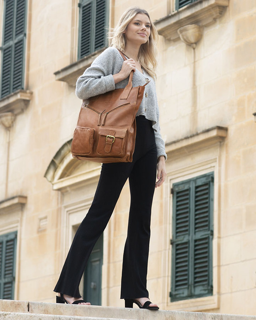 Duża torba shopper z przegródkami skóra naturalna - MARCO MAZZINI brąz camel