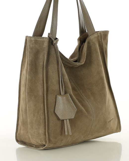 Beżowa torba zamszowa ze skóry typu shopper - MARCO MAZZINI