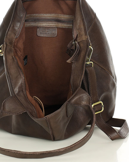 Torebka skórzana na ramię shopper na długich rączkach - MARCO MAZZINI ciemny brąz