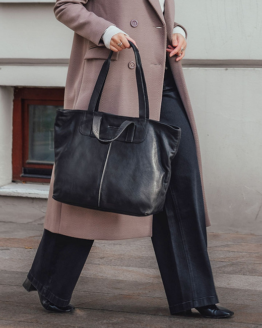 Duża torba shopper skórzana podwójne rączki - MARCO MAZZINI czarna