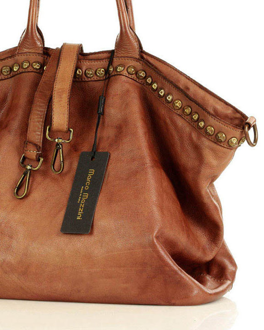 Duża torebka skórzana oversize style shopper bag - MARCO MAZZINI brąz camel